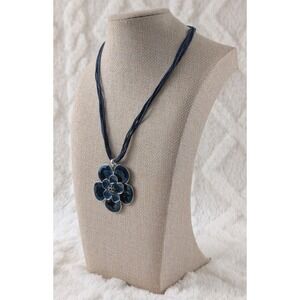 Navy Blue Enamel Flower Pendant Necklace Silver Tone Multi-Strand‎ Cord